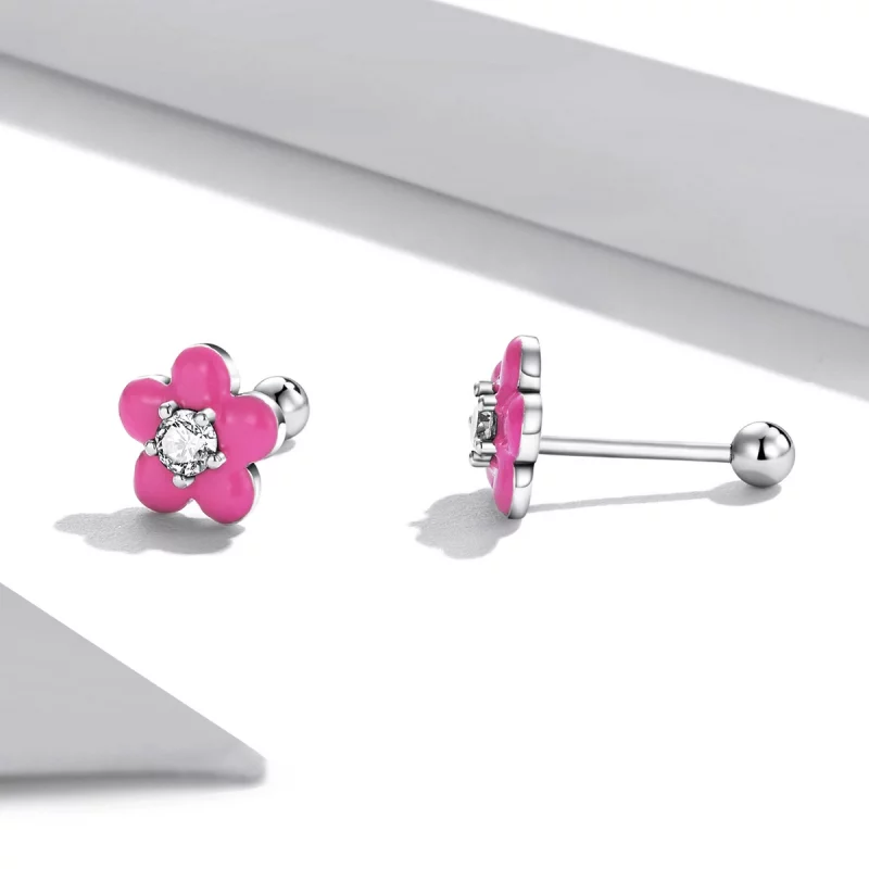 (image pour) Boucles d'oreilles clous de style Pandora avec fleurs roses fluorescentes - SCE1 - Afficher 2