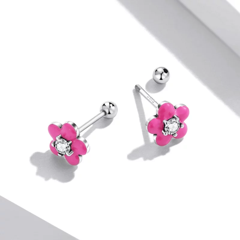 (image pour) Boucles d'oreilles clous de style Pandora avec fleurs roses fluorescentes - SCE1 - Afficher 3