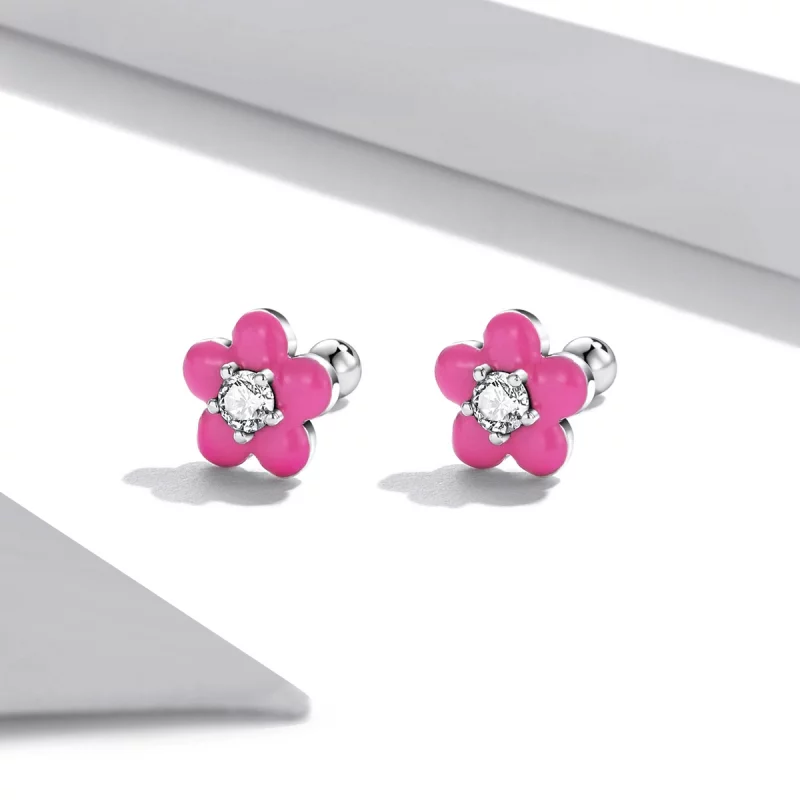 (image pour) Boucles d'oreilles clous de style Pandora avec fleurs roses fluorescentes - SCE1 - Afficher 4