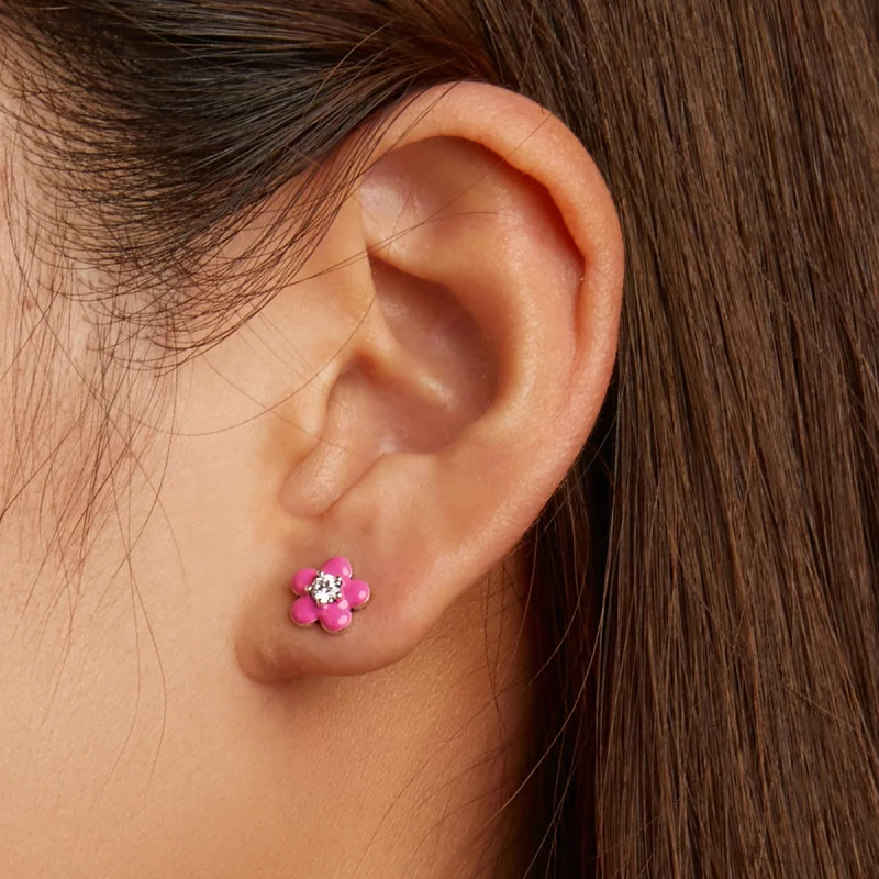 (image pour) Boucles d'oreilles clous de style Pandora avec fleurs roses fluorescentes - SCE1 - Afficher 6
