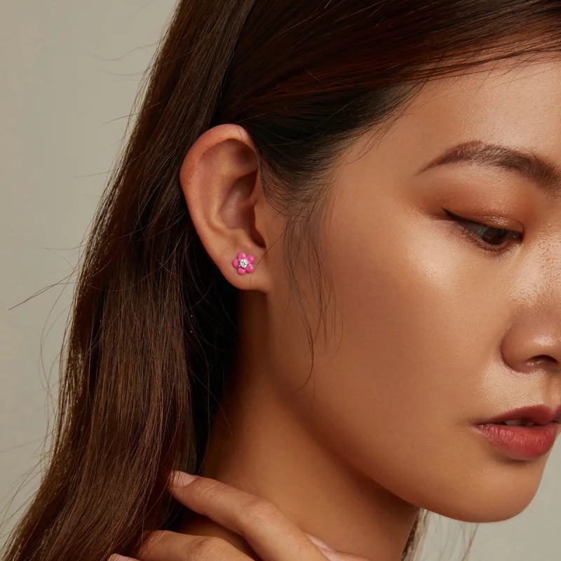 (image pour) Boucles d'oreilles clous de style Pandora avec fleurs roses fluorescentes - SCE1 - Afficher 7