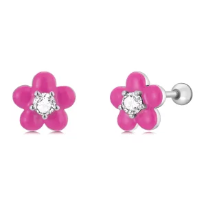 (image pour) Boucles d'oreilles clous de style Pandora avec fleurs roses fluorescentes - SCE1353