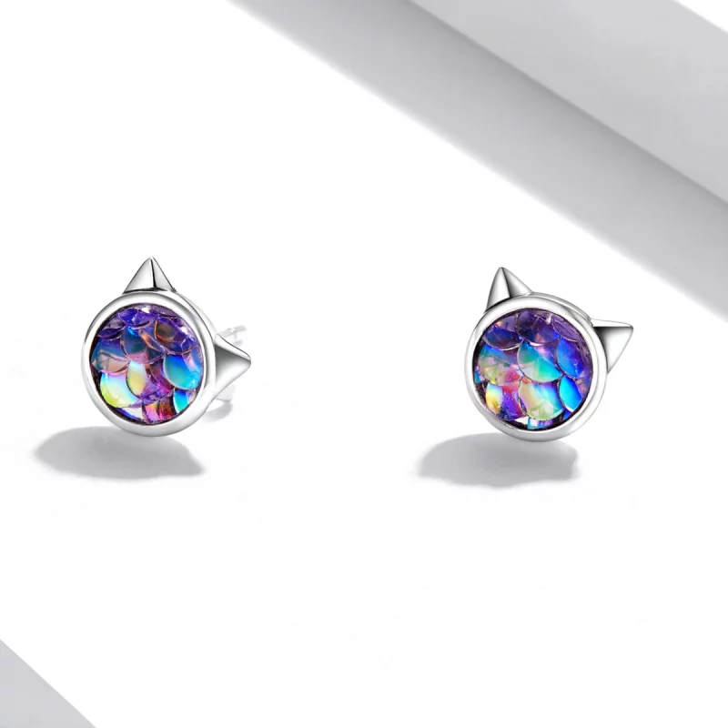 (image pour) Boucles d'oreilles clous de style Pandora, tête de chat à motif écailles de pois - Afficher 3
