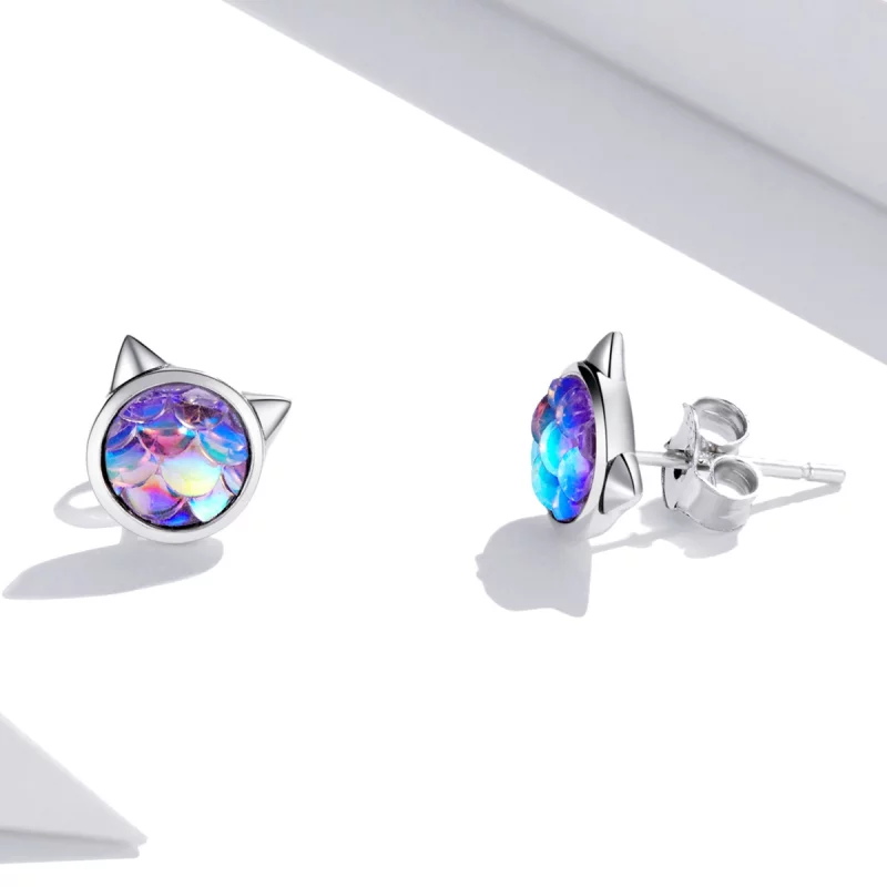 (image pour) Boucles d'oreilles clous de style Pandora, tête de chat à motif écailles de pois - Afficher 4