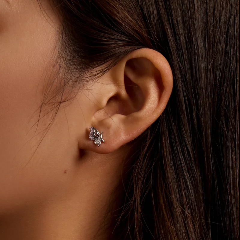 (image pour) Boucles d'oreilles à clous délicates de style Pandora avec un papillon - BSE574 - Afficher 8