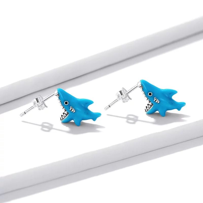 (image pour) Boucles d'oreilles à clous drôles de style Pandora avec petit requin - BSE563 - Afficher 2
