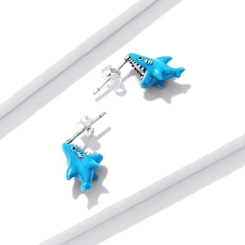 (image pour) Boucles d'oreilles à clous drôles de style Pandora avec petit requin - BSE563 - Afficher 3