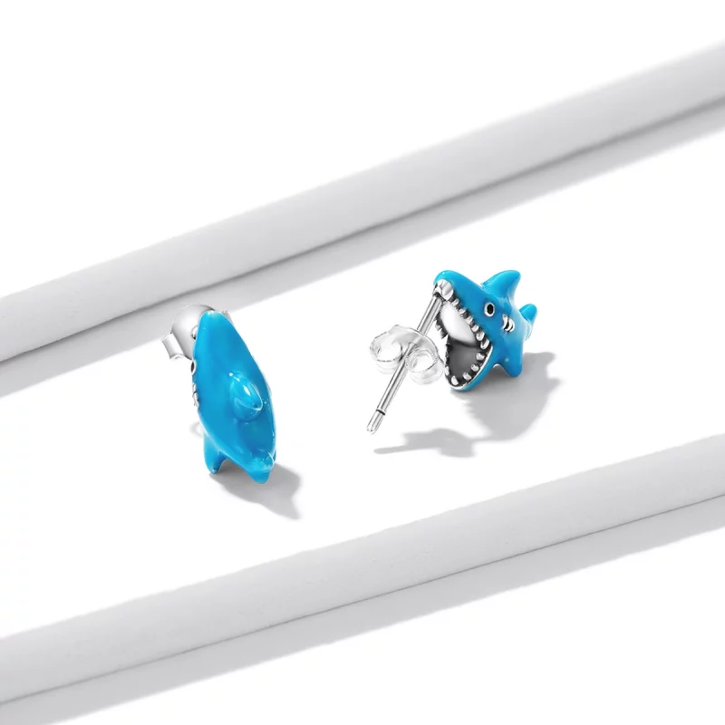 (image pour) Boucles d'oreilles à clous drôles de style Pandora avec petit requin - BSE563 - Afficher 4