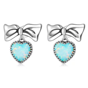 (image pour) Boucles d'oreilles clous en forme de cœur et nœud en opale de style Pandora - SCE1374