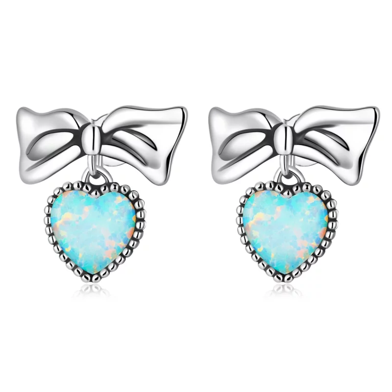 (image pour) Boucles d'oreilles clous en forme de cœur et nœud en opale de style Pandora - SCE1374