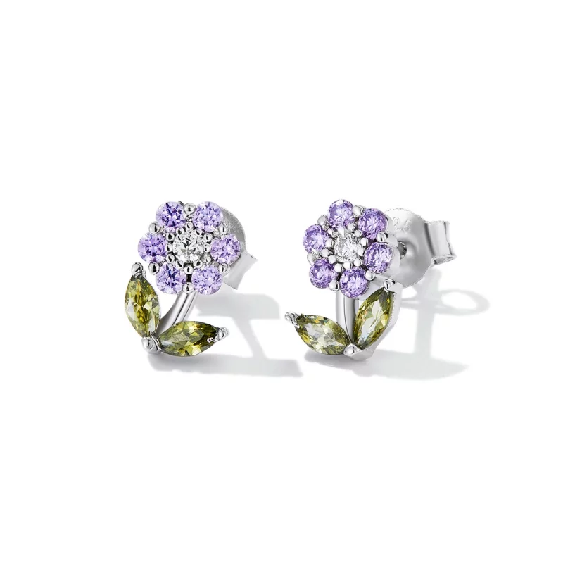 (image pour) Boucles d'oreilles clous en style Pandora avec de délicates fleurs - BSE592-VT - Afficher 2