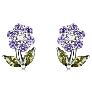 (image pour) Boucles d'oreilles clous en style Pandora avec de délicates fleurs - BSE592-VT