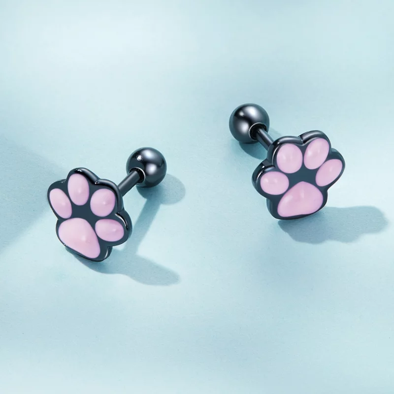 (image pour) Boucles d'oreilles à clous mignonnes de style Pandora avec patte de chat - SCE15 - Afficher 4