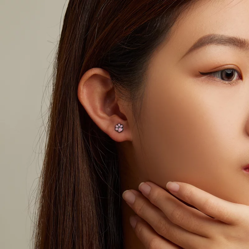 (image pour) Boucles d'oreilles à clous mignonnes de style Pandora avec patte de chat - SCE15 - Afficher 7