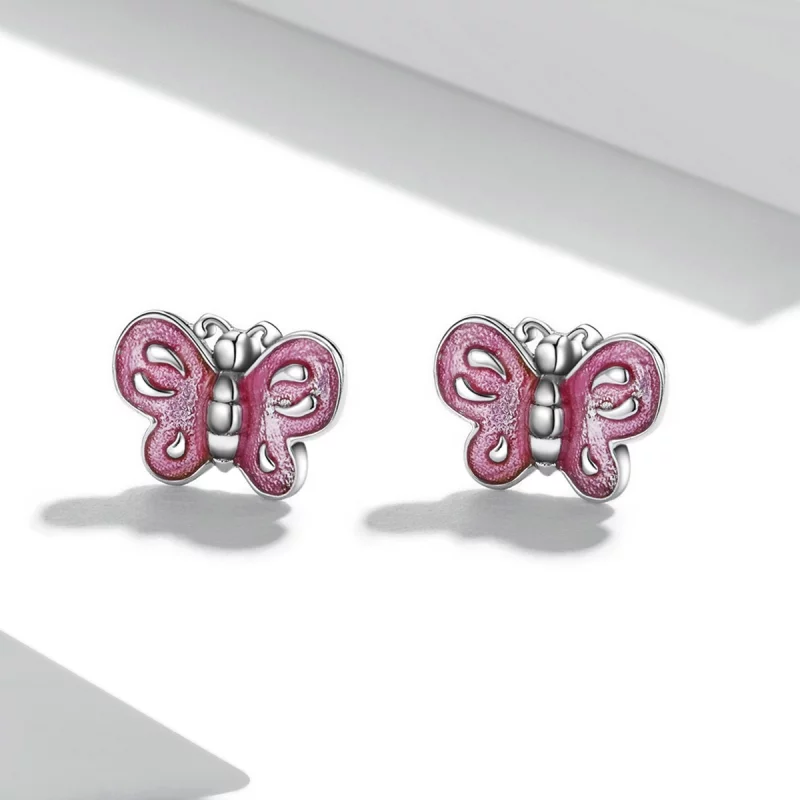 (image pour) Boucles d'oreilles clous style Pandora avec papillon rose - SCE1344 - Afficher 2