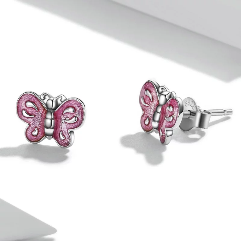 (image pour) Boucles d'oreilles clous style Pandora avec papillon rose - SCE1344 - Afficher 3