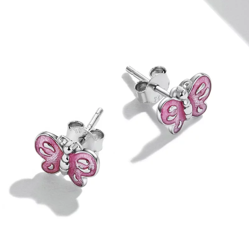 (image pour) Boucles d'oreilles clous style Pandora avec papillon rose - SCE1344 - Afficher 4