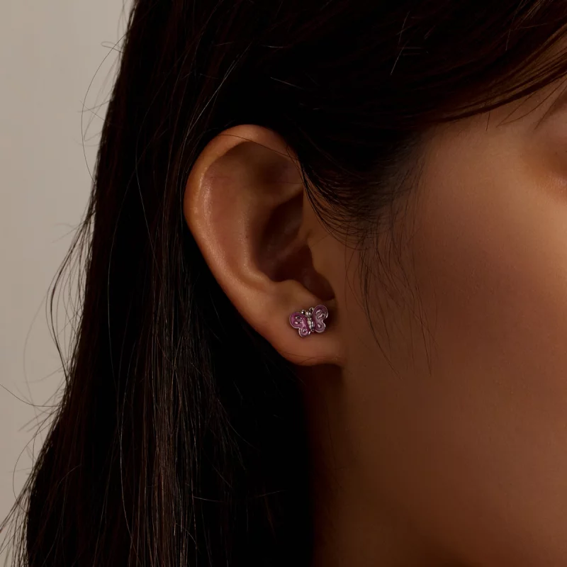 (image pour) Boucles d'oreilles clous style Pandora avec papillon rose - SCE1344 - Afficher 7