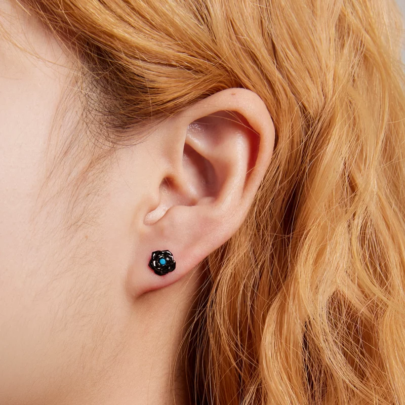 (image pour) Boucles d'oreilles à clous style Pandora avec rose noire - SCE1401 - Afficher 7