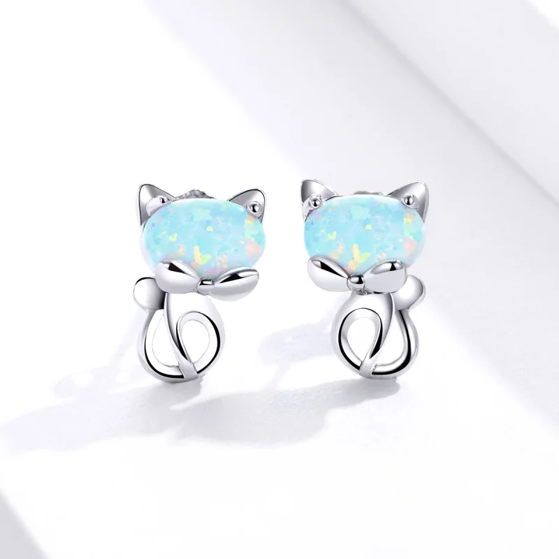 (image pour) Boucles d'oreilles études mignonnes en style Pandora avec opale et motif de chat - Afficher 2