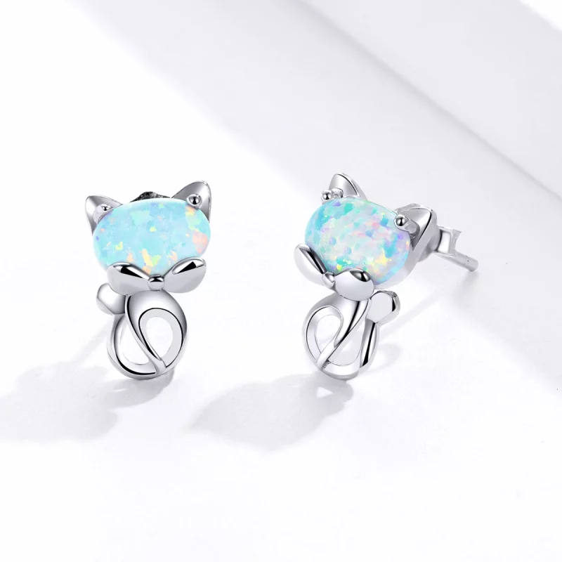 (image pour) Boucles d'oreilles études mignonnes en style Pandora avec opale et motif de chat - Afficher 3