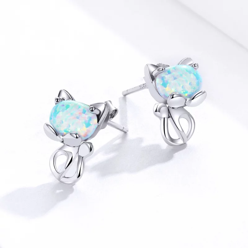 (image pour) Boucles d'oreilles études mignonnes en style Pandora avec opale et motif de chat - Afficher 4