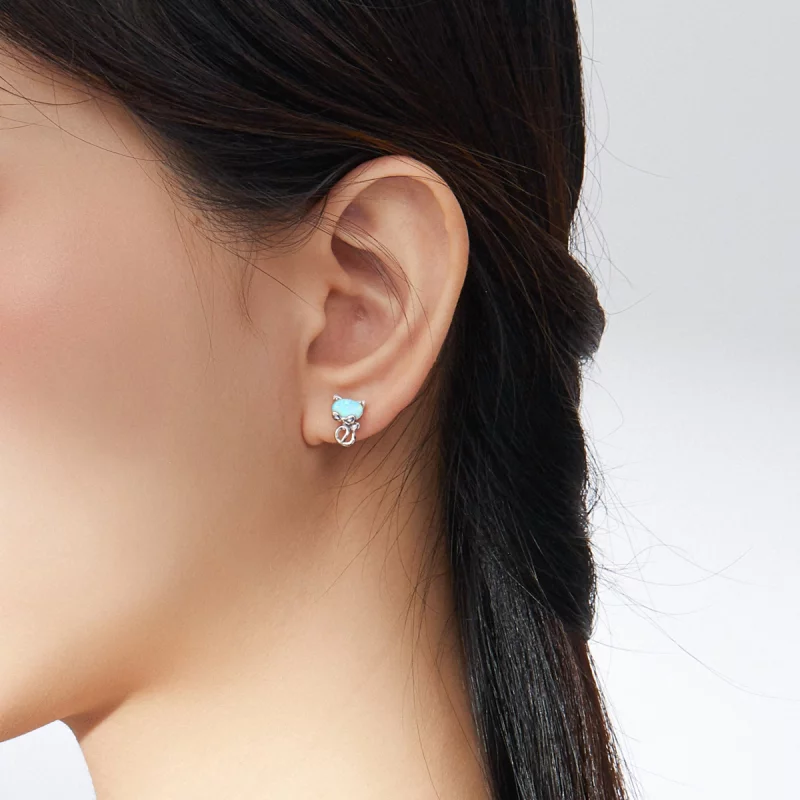 (image pour) Boucles d'oreilles études mignonnes en style Pandora avec opale et motif de chat - Afficher 6