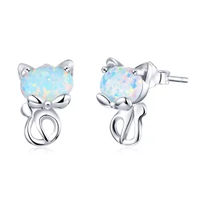 (image pour) Boucles d'oreilles études mignonnes en style Pandora avec opale et motif de chat - SCE828