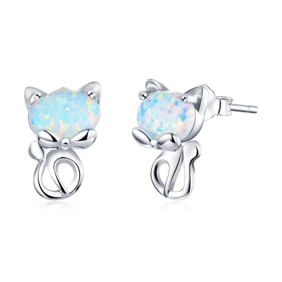 (image pour) Boucles d'oreilles études mignonnes en style Pandora avec opale et motif de chat - SCE828