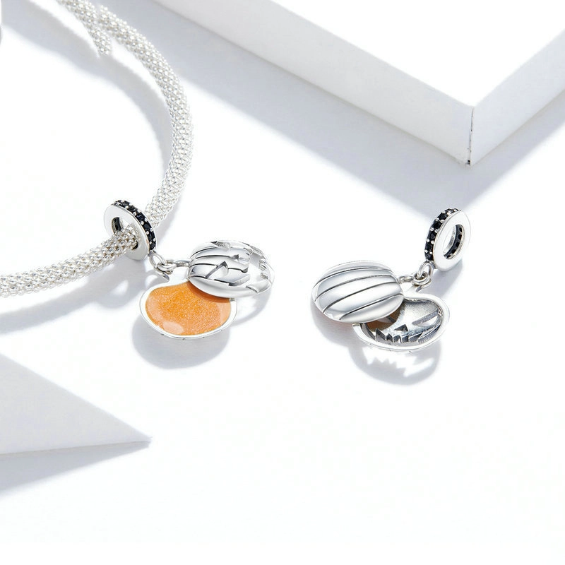 (image pour) Charm Pendant Style PANDORA Visage souriant de citrouille maléfique d'Halloween - Afficher 3