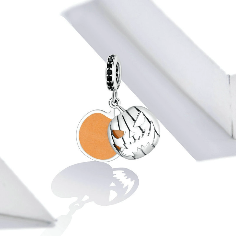 (image pour) Charm Pendant Style PANDORA Visage souriant de citrouille maléfique d'Halloween - Afficher 4
