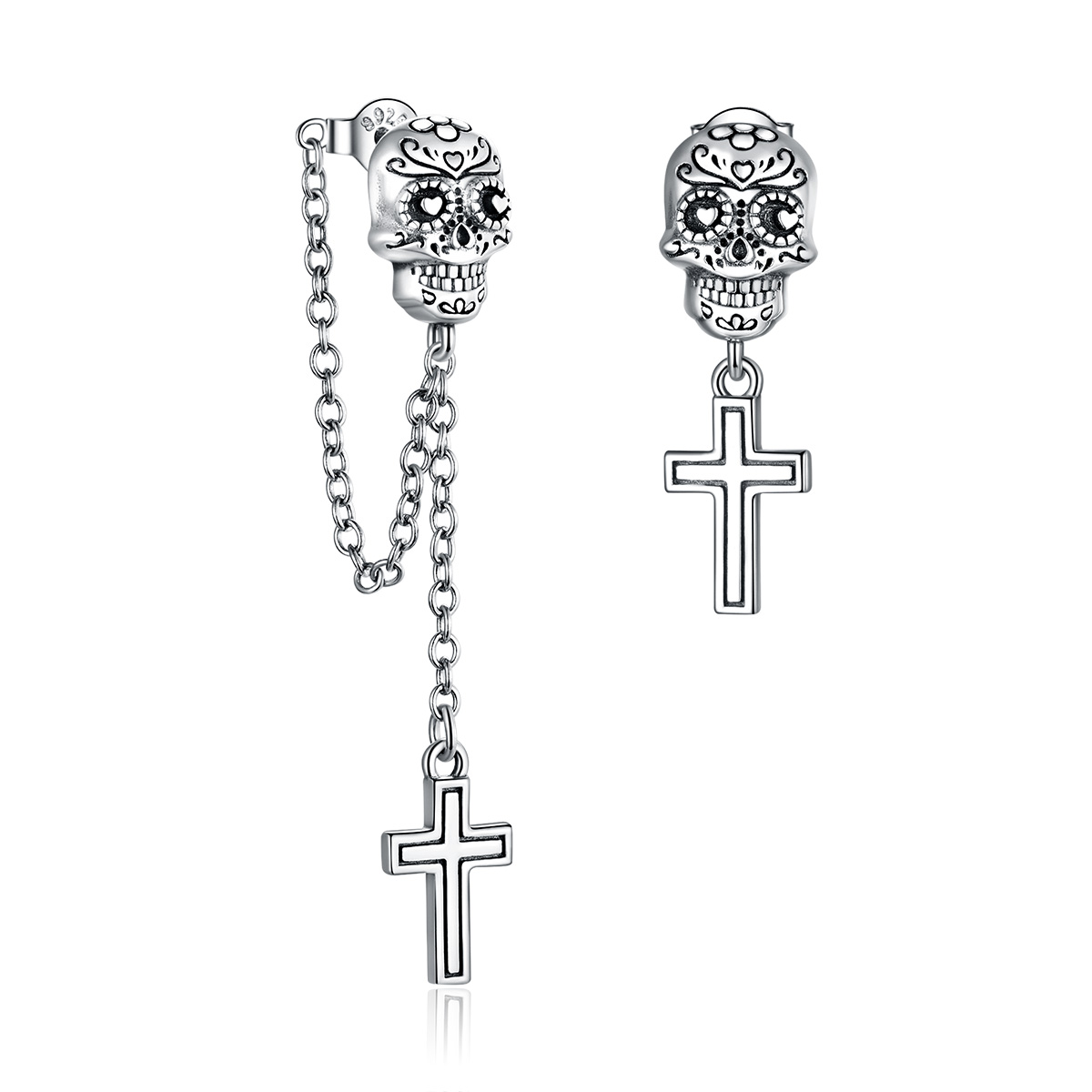 boucles d'oreilles pendantes en argent style pandora avec croix et crâne bse419