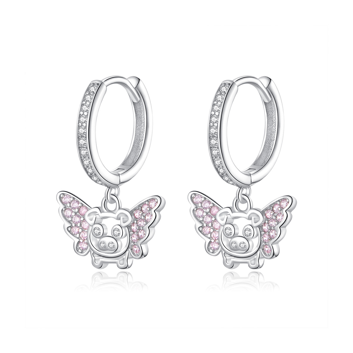 boucles d'oreilles créoles style pandora avec petit cochon volant bse224
