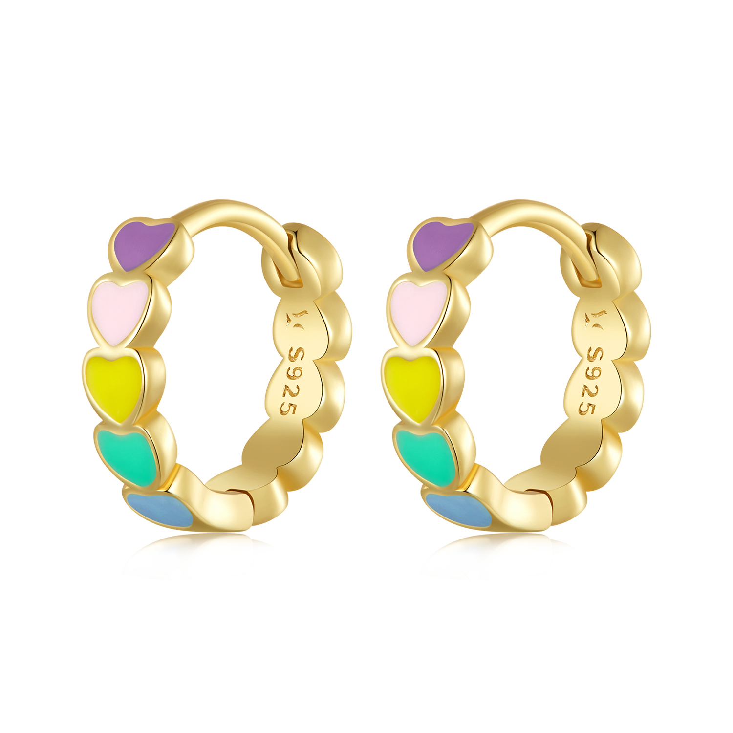 boucles d'oreilles créoles style pandora en forme de cœur arc en ciel doré sce909 b