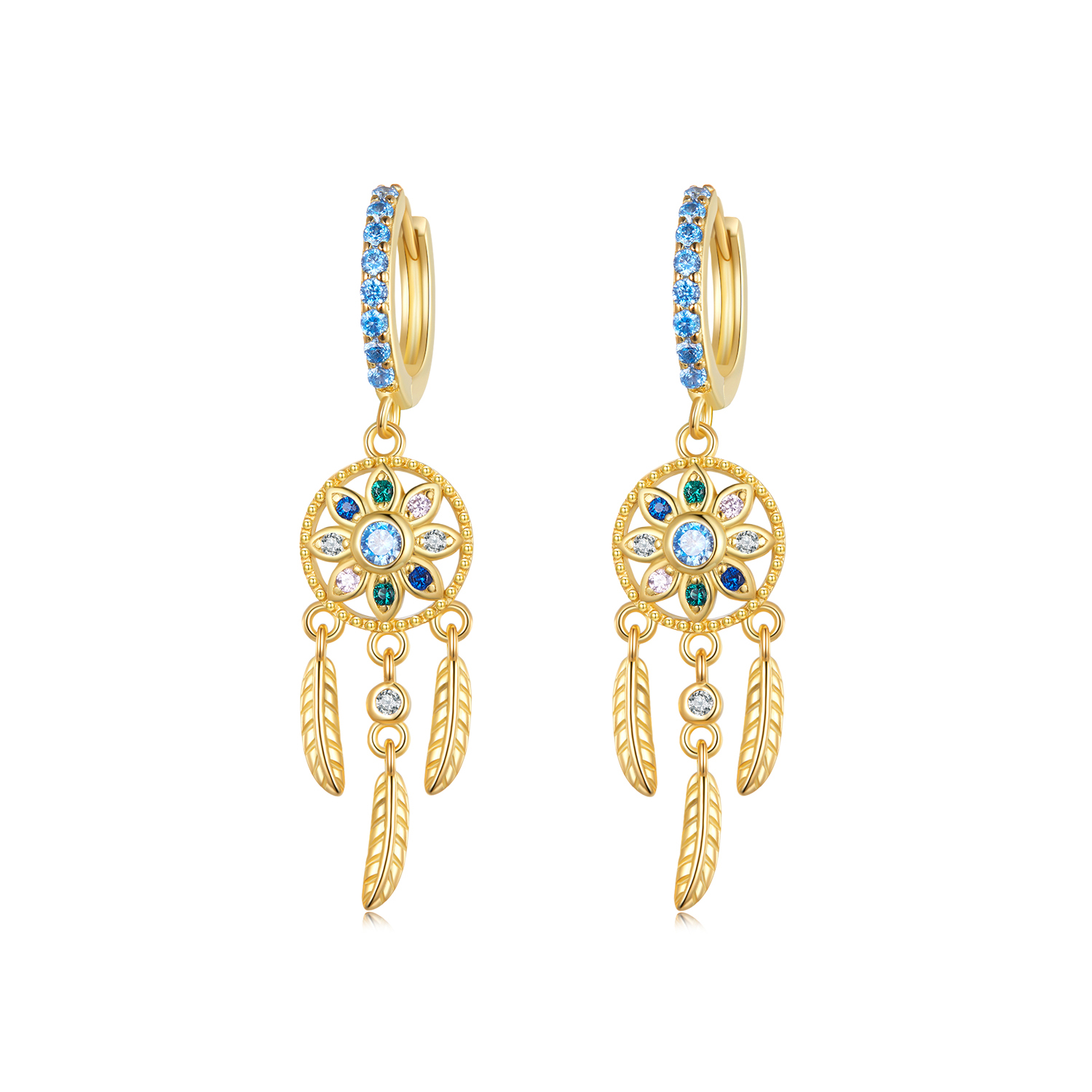boucles d'oreilles pendantes de style pandora avec attrape rêves doré sce713 b